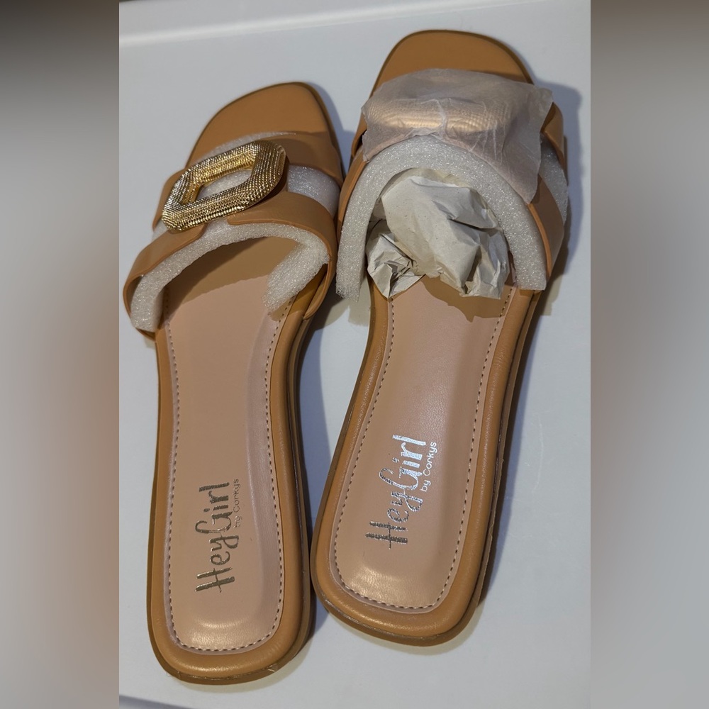 Corkys Tan Gold Buckle Sandals